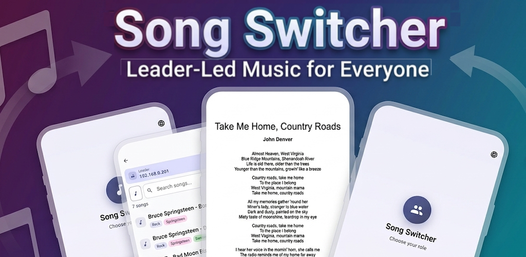 Song Switcher shown across multiple phone screens